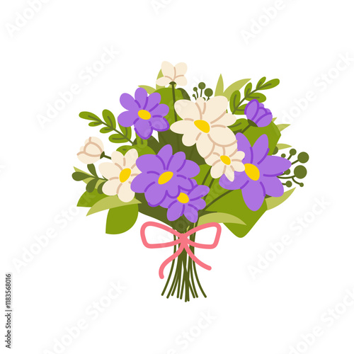 Bouquet of daisy chrysanthemums. White and purple daisies on white background. Flowers to mom, woman. Vector isolated element