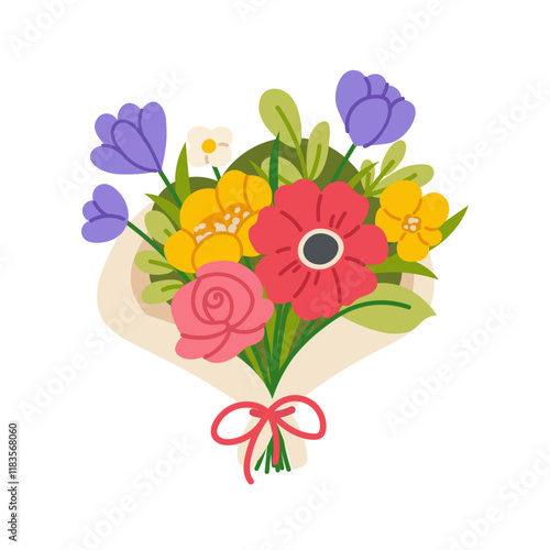 Bouquet of wild or garden flowers on white background. Botanical composition for Mother's Day or Women's Day. Vector isolated design element