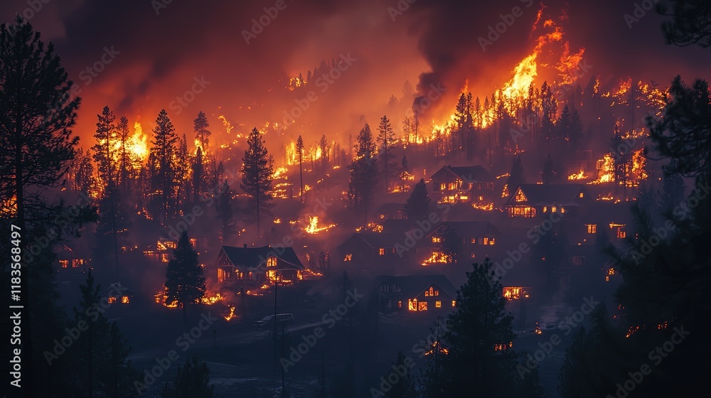 Fototapeta premium burning wildfire in town with smoke and flame, severe damage