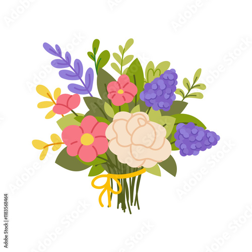 Bouquet of flat flowers on white background. Spring flowers in bunch for Mother's Day or Women's Day. Vector isolated composition