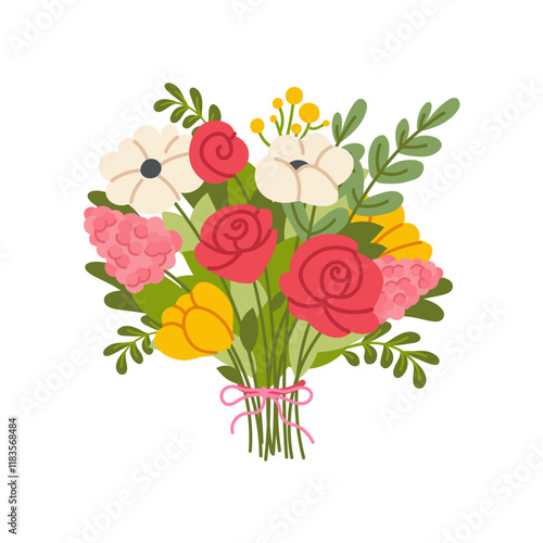 Bouquet of flat flowers on white background. Spring roses and daisies in bunch for Mother's Day or Women's Day. Vector isolated art