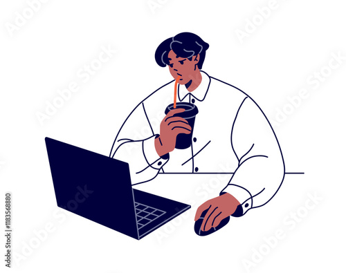 Student with drink learning, studies with laptop on distance education. Employee works with computer remotely. Person communicate online. Flat isolated contour vector illustration on white background