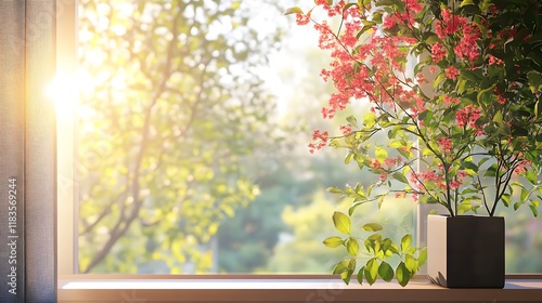 Sunlit window with flowering plant in pot, showcasing bright spring foliage and garden view.