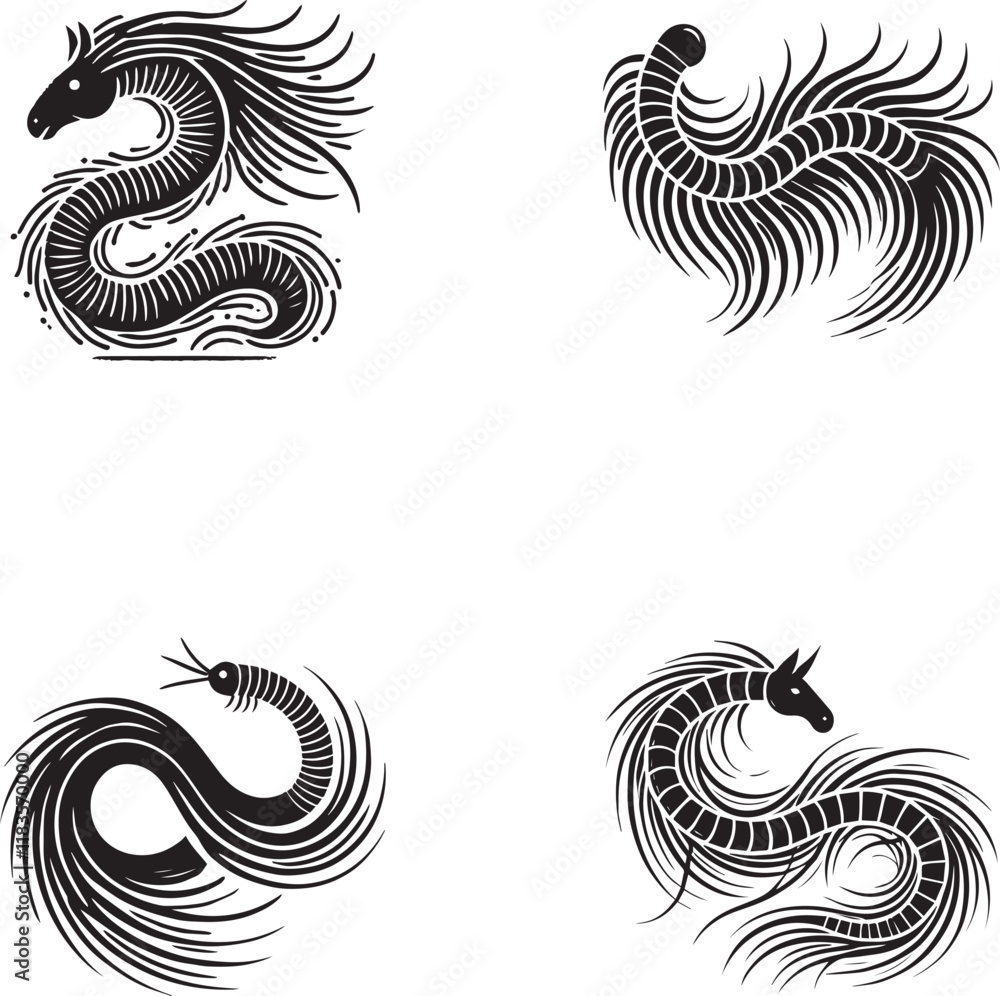 Fototapeta premium Abstract Tribal Dragon and Sea Creature Silhouettes Set