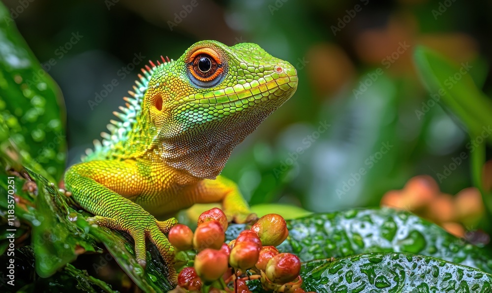 Obraz premium Colorful Green Lizard on Lush Leaves
