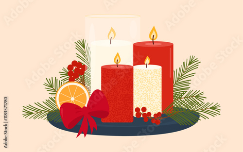 Christmas composition of decorative burning candles. Holiday decor. Merry Christmas and Happy New Year, greeting card with candles, pine branches and berries. Vector illustration.