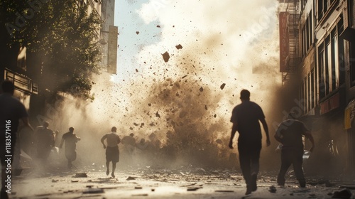 The chaotic city streets with collapsed buildings, cracks splitting the asphalt, and panicked residents running around background wallpaper AI generated image