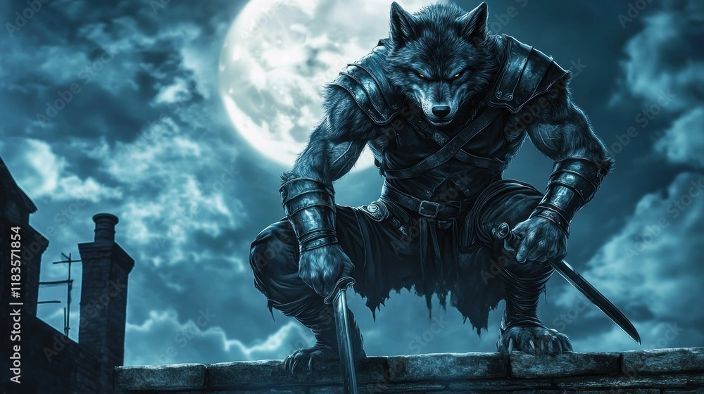 Naklejka premium A wolf ninja with twin daggers strapped to his side, crouched on the roof of a castle under the moonlight, background wallpaper AI generated image