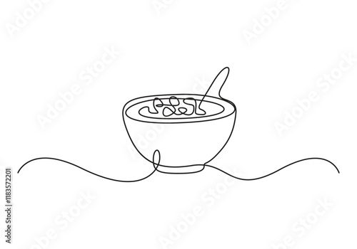 One continuous line drawing of stylized bowl of cereal breakfast with fresh milk. Healthy whole wheat food concept. Vector illustration