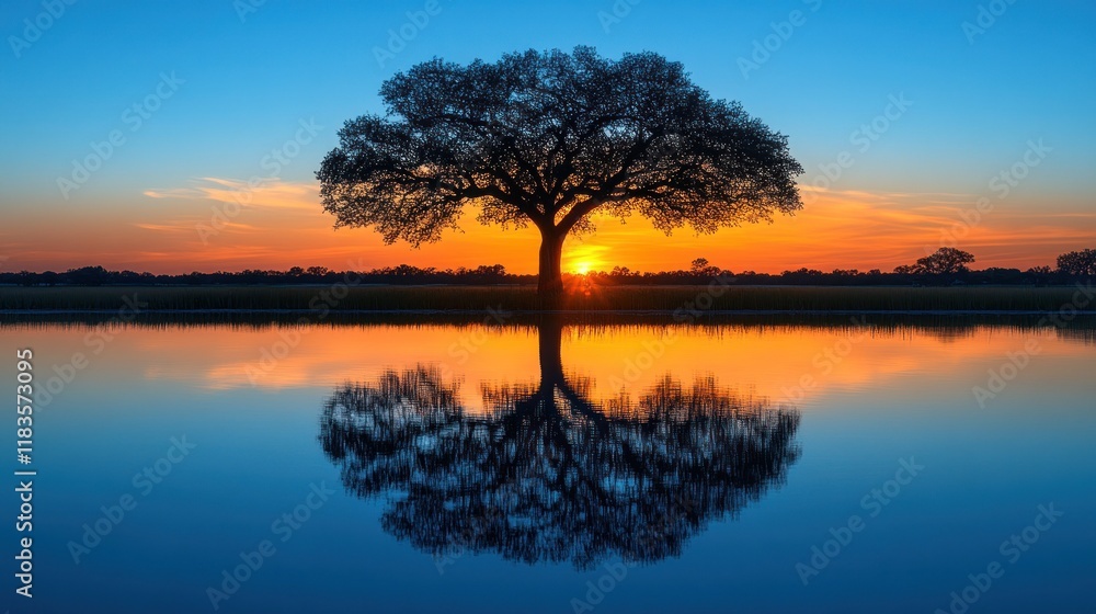 Serene sunset landscape with a tree perfectly reflected in calm water. Serene sunset landscape with a tree perfectly reflected in calm water.