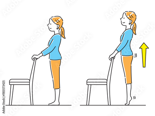 椅子を使って足のストレッチをする若い女性