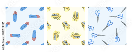 Seamless patterns with erasers, sharpeners, and scissors in flat doodle style