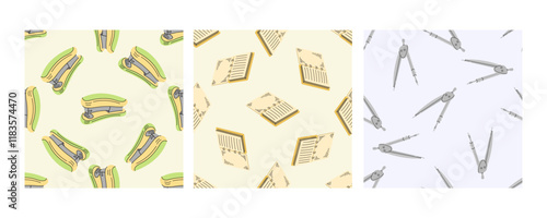 Seamless patterns with staplers, notebooks, and compasses in flat doodle style