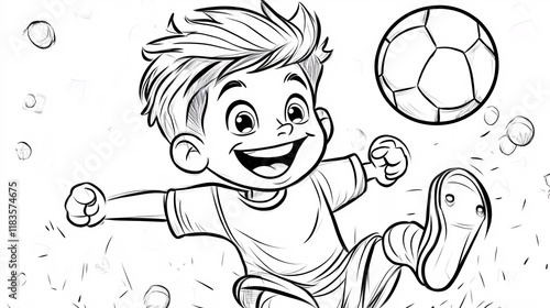 A cheerful soccer player in cartoon style on a drawing page designed for kids' coloring fun.

