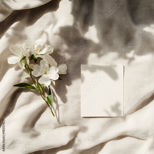 3 beautifully laid out flowers, on a soft neutral coloured fabric, with a handmade, blank, white square notecard beside it, dappled sunlight photo