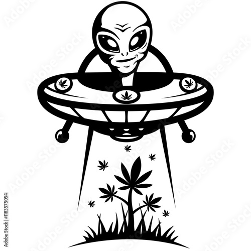 Alien Harvesting Weed | Terrestrial | UFO | Alien Weed | Marijuana Addiction | Smoking Joints | High Life | 420 Cannabis | Original Illustration | Vector and Clipart | Cutfile and Stencil