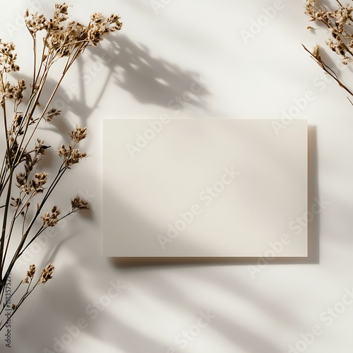 A mockup of a horizontal 7x5 blank card , natural, with dried flowers beside, high quality and realistic, clean aesthetic