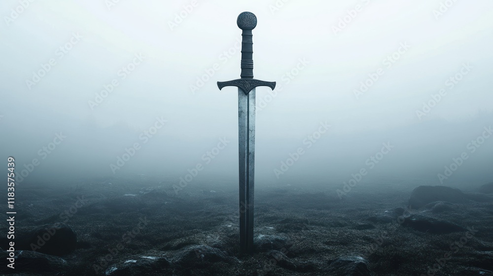 Naklejka premium A medieval longsword rested upright on the misty ground of the battlefield, background wallpaper AI generated image