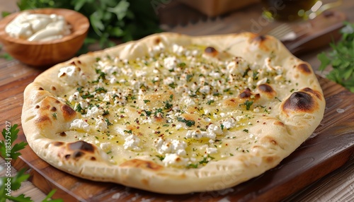 A simple and delicious flatbread pizza topped with feta cheese, garlic, parsley, and olive oil.