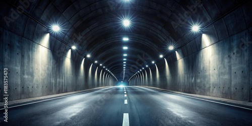 Dark tunnel with LED lights glowing through the concrete, highway, night, highway