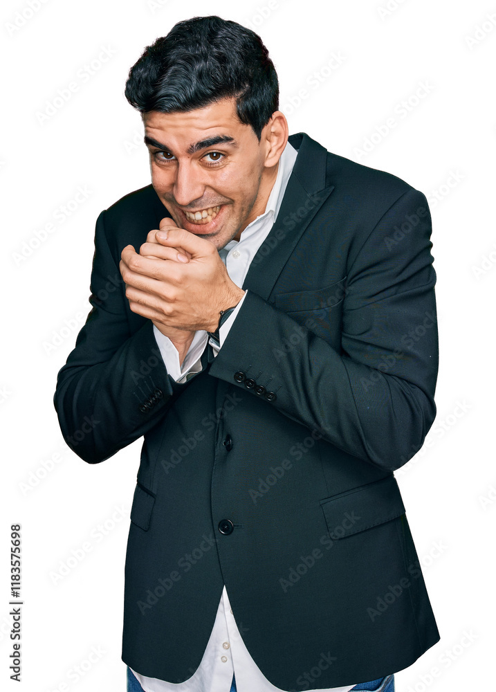 Handsome hispanic man wearing business clothes laughing nervous and excited with hands on chin looking to the side Handsome hispanic man wearing business clothes laughing nervous and excited with hands on chin looking to the side