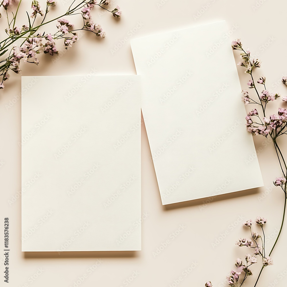 Mockup of 2 pages for a wedding invitation next to each other, on a clean cream background, without flowers Mockup of 2 pages for a wedding invitation next to each other, on a clean cream background, without flowers