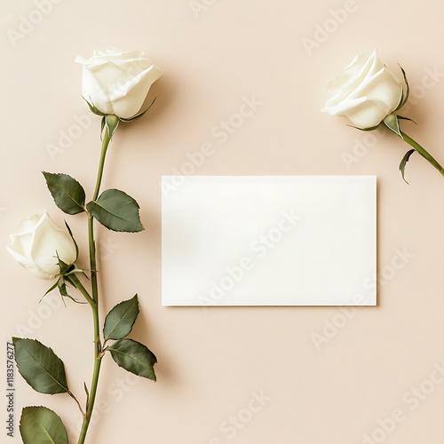 Mockup of an A5 blank card on a light beige solid background, white rose stems placed on one side, top view, minimal photo