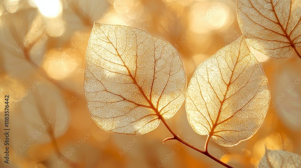 Close-up of two translucent, sunlit, beige leaves on a branch. Close-up of two translucent, sunlit, beige leaves on a branch.