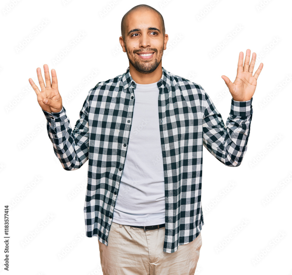 Hispanic adult man wearing casual clothes showing and pointing up with fingers number nine while smiling confident and happy. Hispanic adult man wearing casual clothes showing and pointing up with fingers number nine while smiling confident and happy.