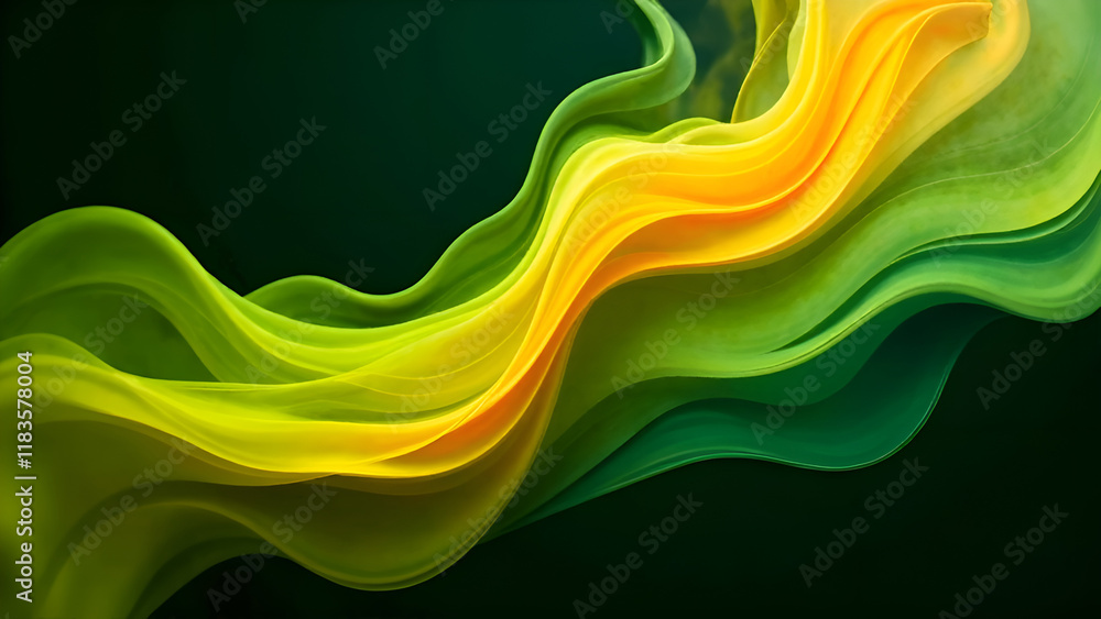Abstract Background. A vibrant swirl of green and yellow smoke dances and twirls against a striking black background, creating a captivating visual effect