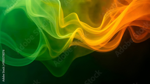 Abstract Background. A vibrant swirl of green and yellow smoke dances and twirls against a striking black background, creating a captivating visual effect