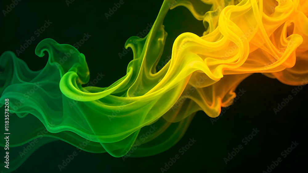 Abstract Background. A vibrant swirl of green and yellow smoke dances and twirls against a striking black background, creating a captivating visual effect