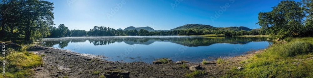 Serene View of Rydal Water in the Lake District: A Stunning Summer Morning Panorama Embracing Nature's Beauty Serene View of Rydal Water in the Lake District: A Stunning Summer Morning Panorama Embracing Nature's Beauty