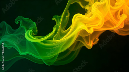 Obraz na płótnie Abstract Background. A vibrant swirl of green and yellow smoke dances and twirls against a striking black background, creating a captivating visual effect w salonie