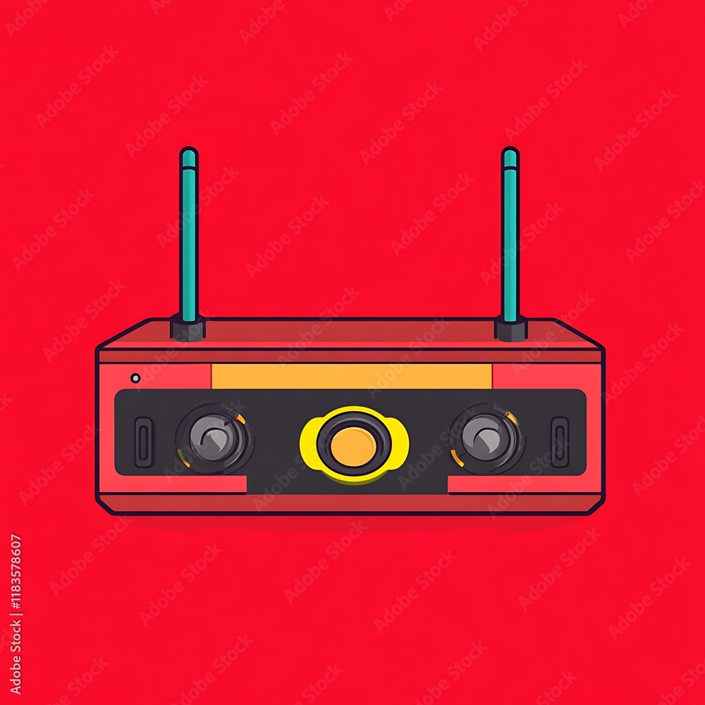 Retro Device: Vibrant Red Radio with Teal Antennas Retro Device: Vibrant Red Radio with Teal Antennas