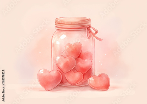 Pastel Anime-Style Mason Jar Filled with Hearts Clipart