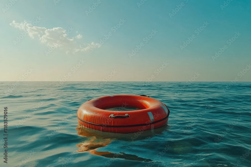 Rescue Aid: Life Buoy Floating on Ocean Waves for Beach Safety and Emergency Assistance Rescue Aid: Life Buoy Floating on Ocean Waves for Beach Safety and Emergency Assistance