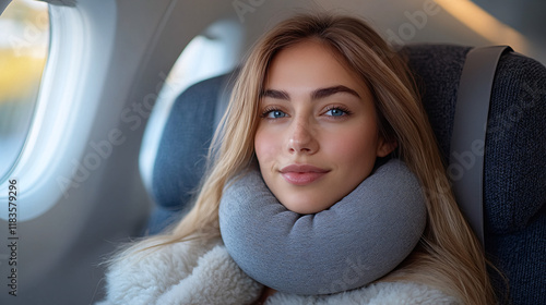 A woman wearing a dark grey travel pillow on a plane, comfortably resting during the flight.

 photo