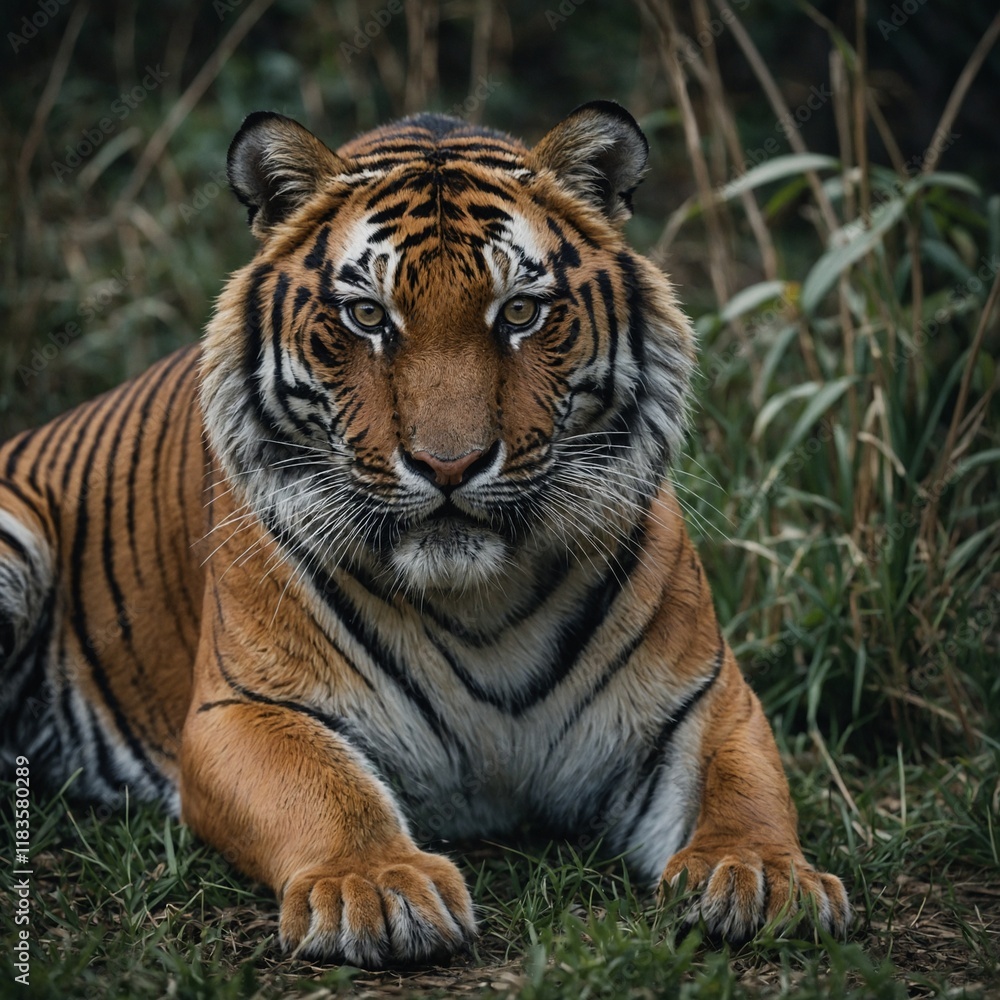 A tiger crouched low, preparing to pounce on its unsuspecting prey. A tiger crouched low, preparing to pounce on its unsuspecting prey.