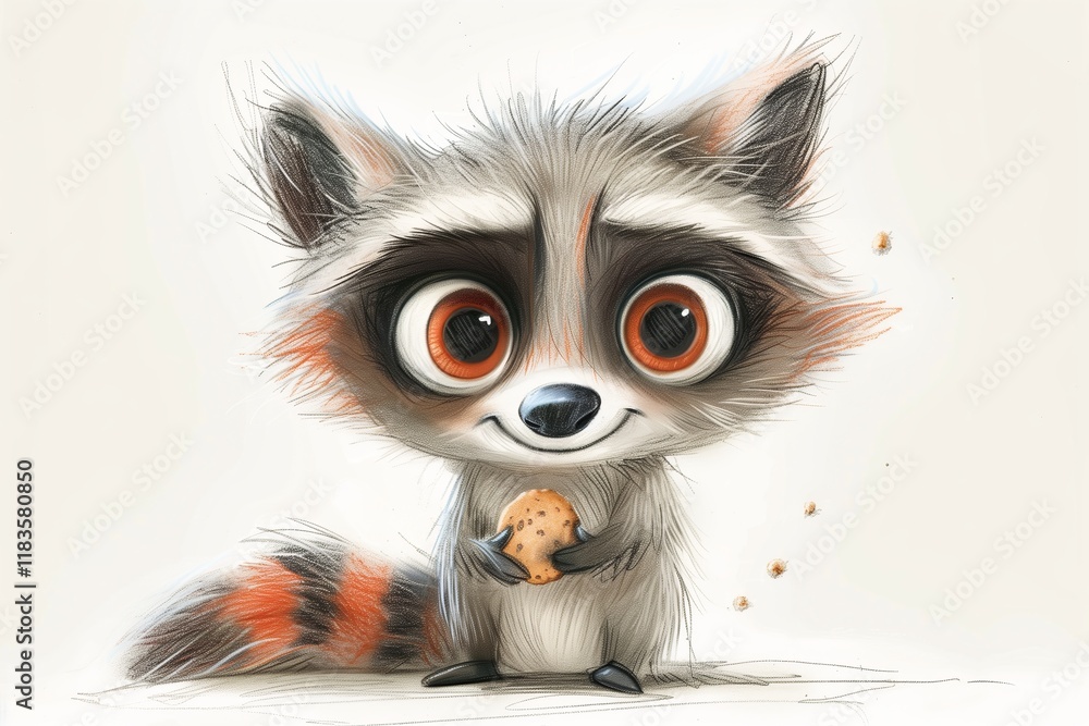 Obraz premium A cute raccoon character holding a cookie, exuding charm and playfulness with large expressive eyes.