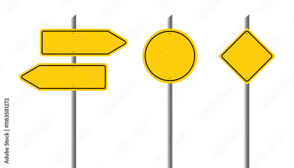 Set of blank road signs board. empty street signs. yellow street road sign on metal pole. banners mockup with place for text or symbol. empty notice, caution billboard, warning or direction board Set of blank road signs board. empty street signs. yellow street road sign on metal pole. banners mockup with place for text or symbol. empty notice, caution billboard, warning or direction board