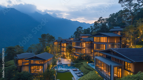 日本の山岳温泉地にある落ち着いた雰囲気のリゾートホテルをリアルに描いたAI生成画像