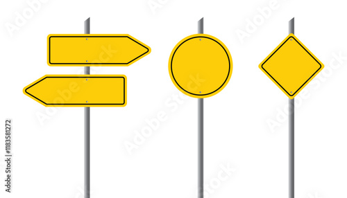 Set of blank road signs board. empty street signs. yellow street road sign on metal pole. banners mockup with place for text or symbol. empty notice, caution billboard, warning or direction board