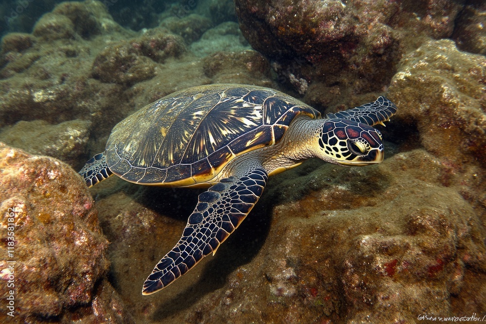 Fototapeta premium Majestic Green Sea Turtle Gliding Through Hawaii's Warm Pacific Waters