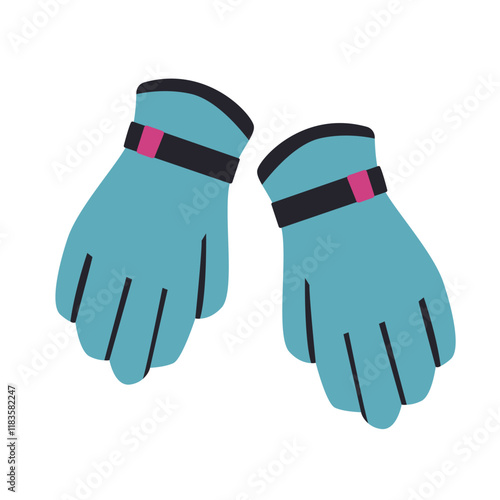 Bright blue gloves designed for outdoor winter activities lying side by side on a white surface. Vector. Flat style.