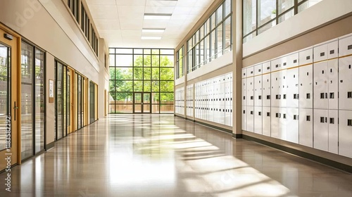 Sunlit Serenity in Empty School Hallway with Polished Floor and Reflective Lockers. Tranquil educational environment with natural light.