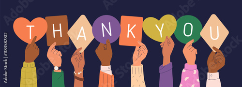 Thank you concept, diverse hands holding letters for gratitude. Arms group appreciating with note papers, text, signs. Grateful people. Appreciation expression. Colored flat vector illustration