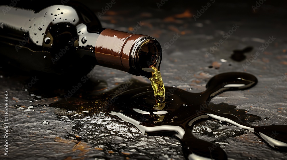 Fototapeta premium shattered glass bottle with spilled liquid, symbolizing the dangers of alcohol, on a dark background with copy space. Alcohol abuse, addiction, and health risks concept