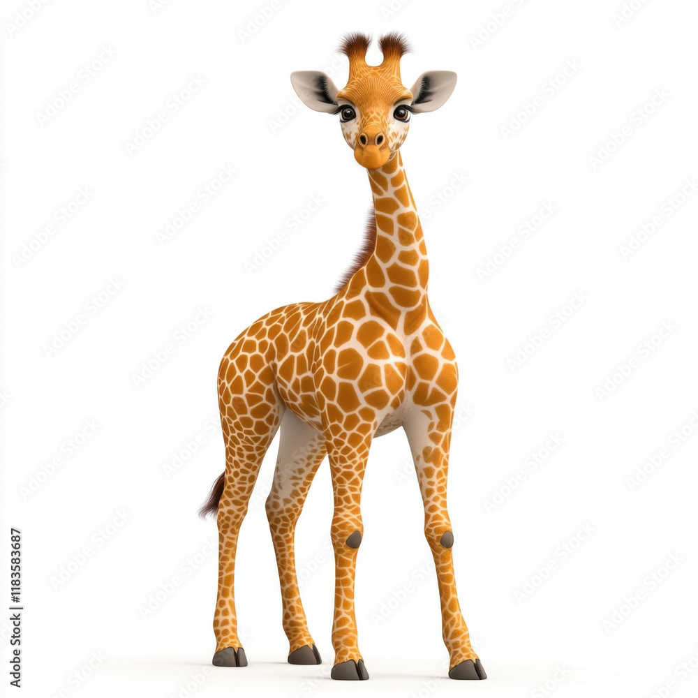 Meet the cutest giraffe ever! A charming 3D render of a young giraffe, standing tall and looking directly at you. So adorable! Meet the cutest giraffe ever! A charming 3D render of a young giraffe, standing tall and looking directly at you. So adorable!