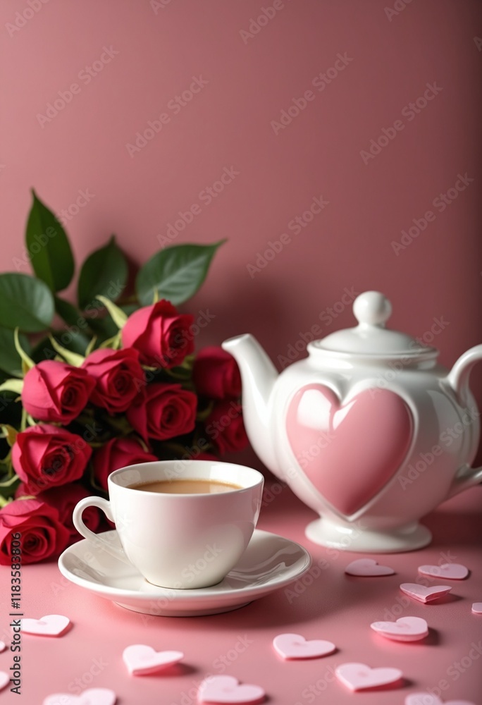 Fototapeta premium Valentine's Day still life, a romantic tea set with a heart-shaped teapot and matching cups, placed next to a bouquet of roses